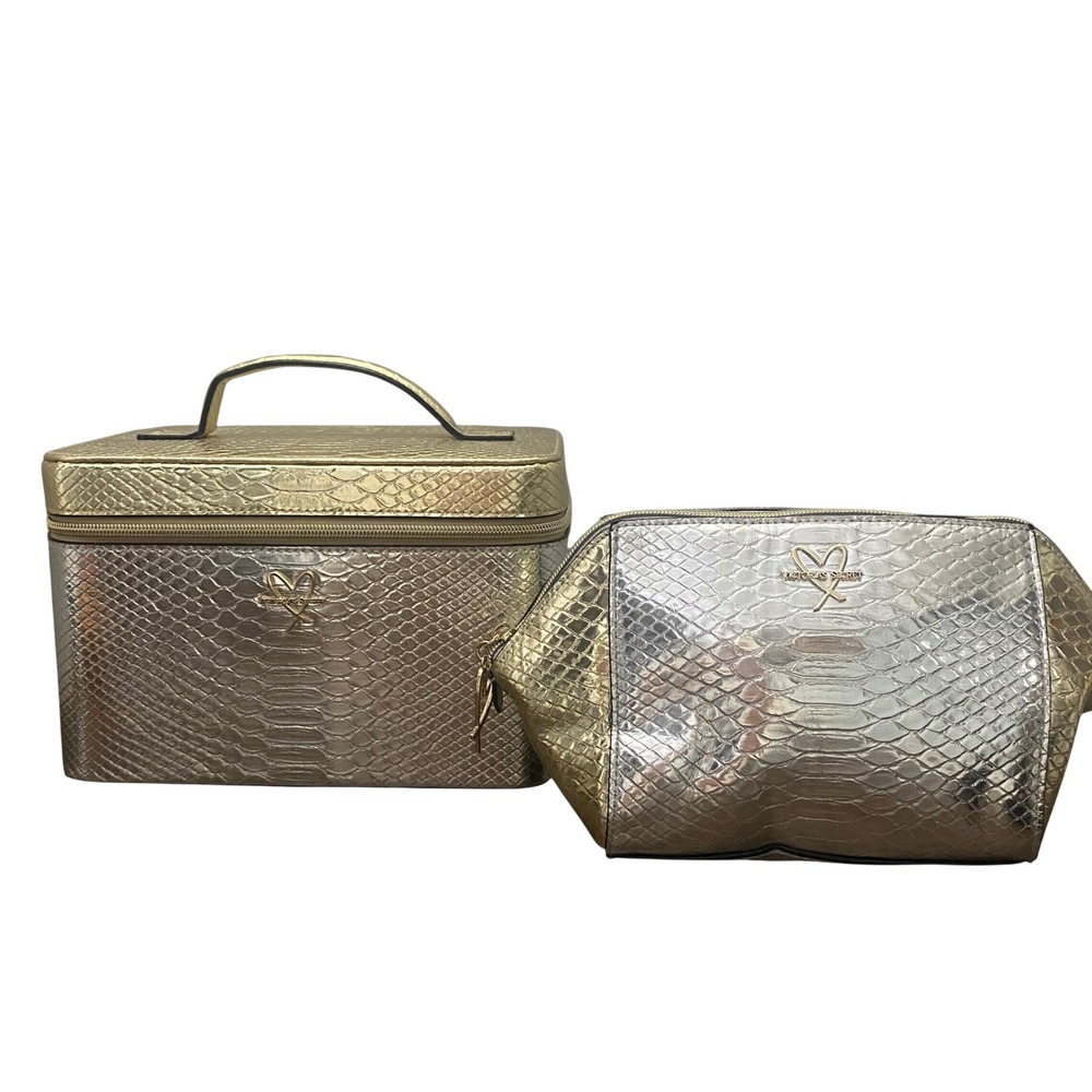 Victoria's Secret Metallic Snakeskin Train Case & Cosmetic Bag. Gold& SilverTone
